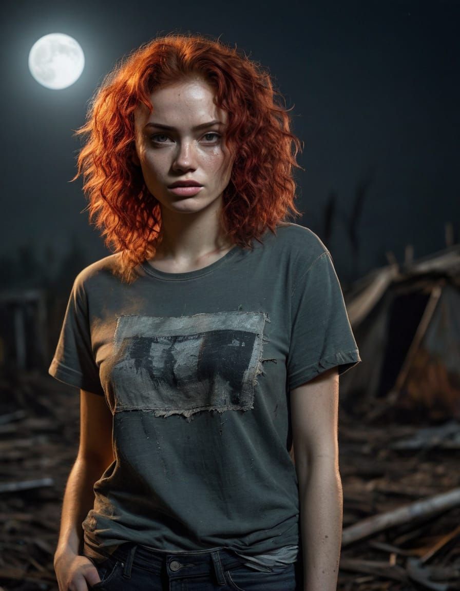 Red-Haired Survivor with Machete on Full Moon Night