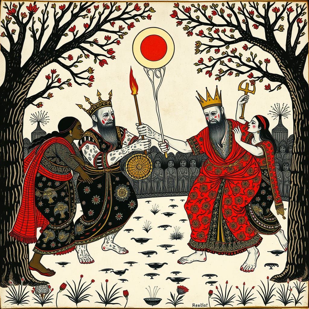 Madhubani Painting of Demons in Hugo Simberg Style