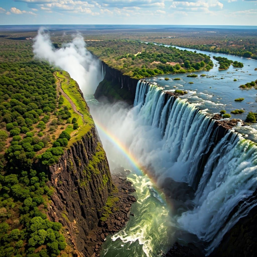 Aerial View of Victoria Falls with Rainbows