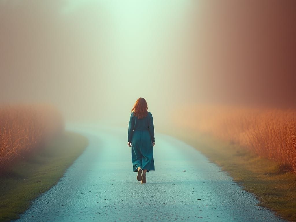 Woman on Misty Path in Ektachrome Style