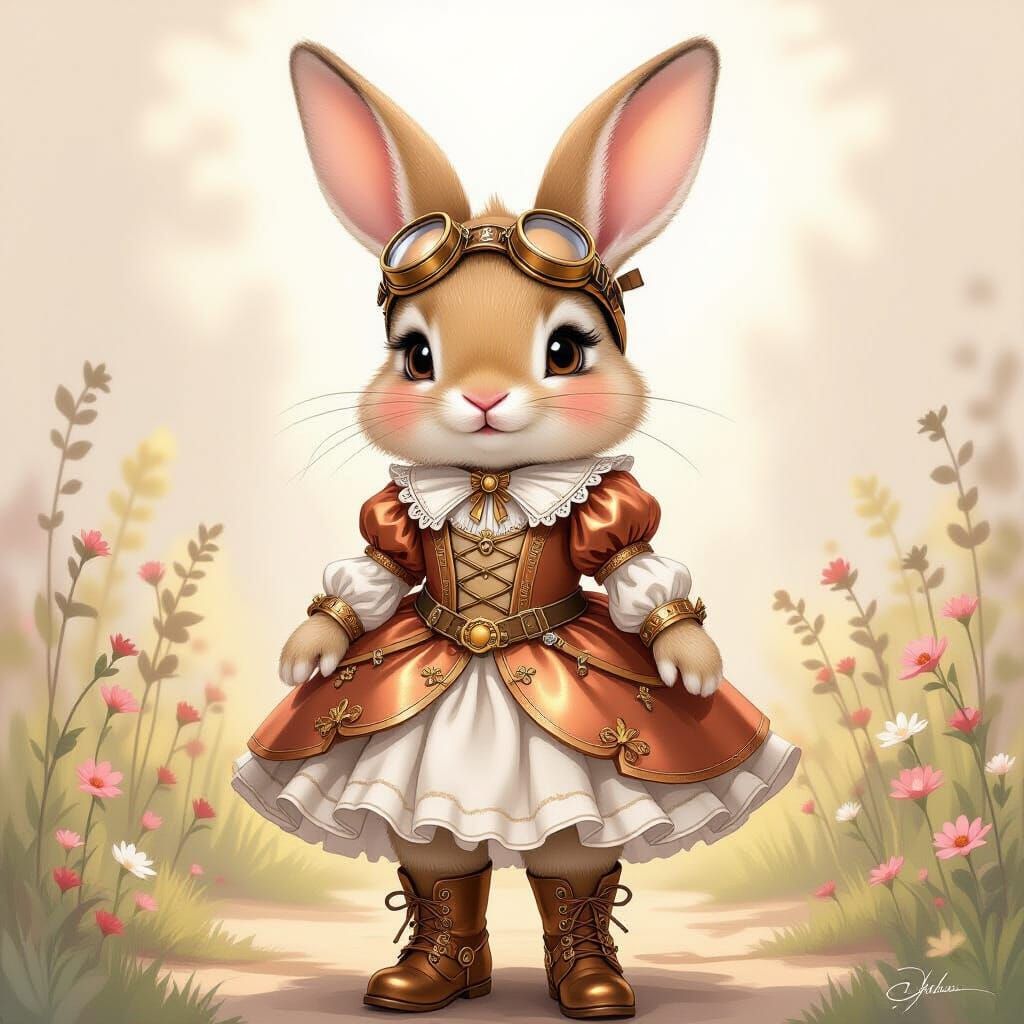 Steampunk Rabbit in Whimsical Storybook Style