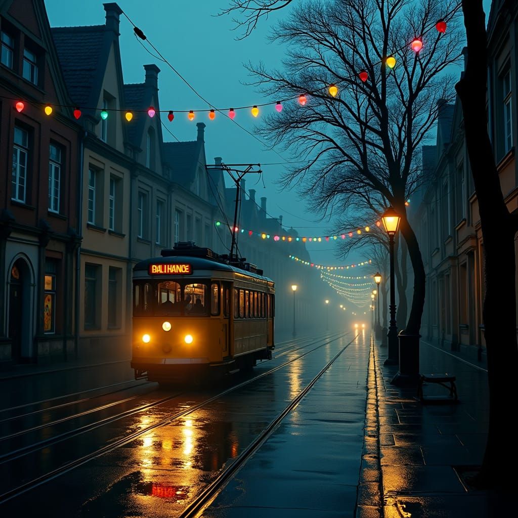 Eerie Night Scene with Vintage Tram in a Gothic City