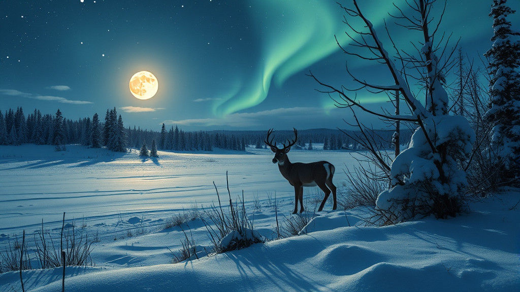Deer in Winter Landscape with Auroras