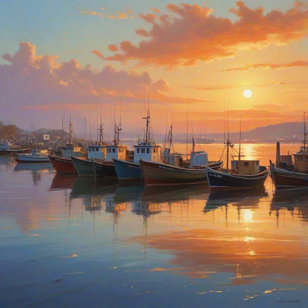 Impressionist Fishing Harbor at Sunrise