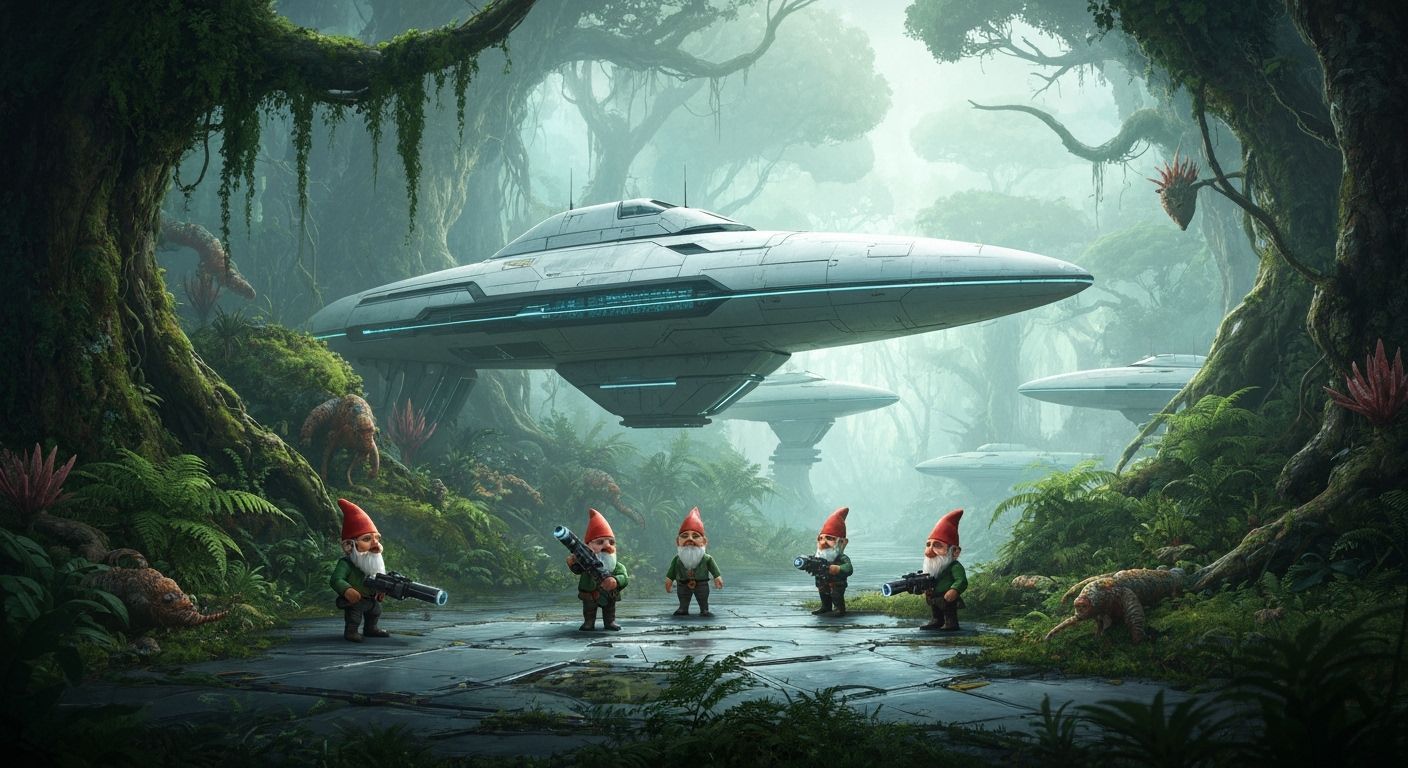 Gnomes Build Futuristic Space Station in Jungle