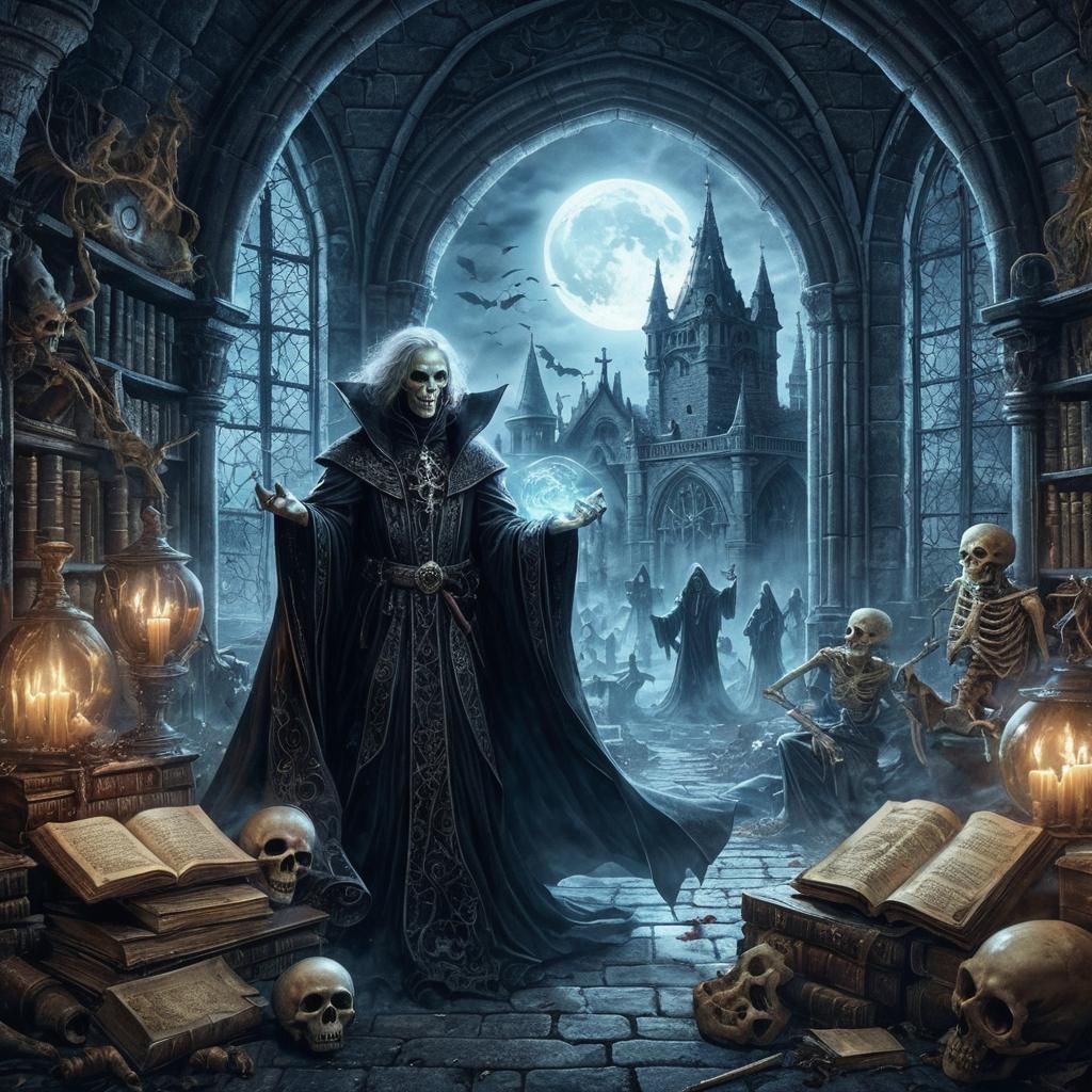 Halloween Necromancer in Gothic Crypt with Undead