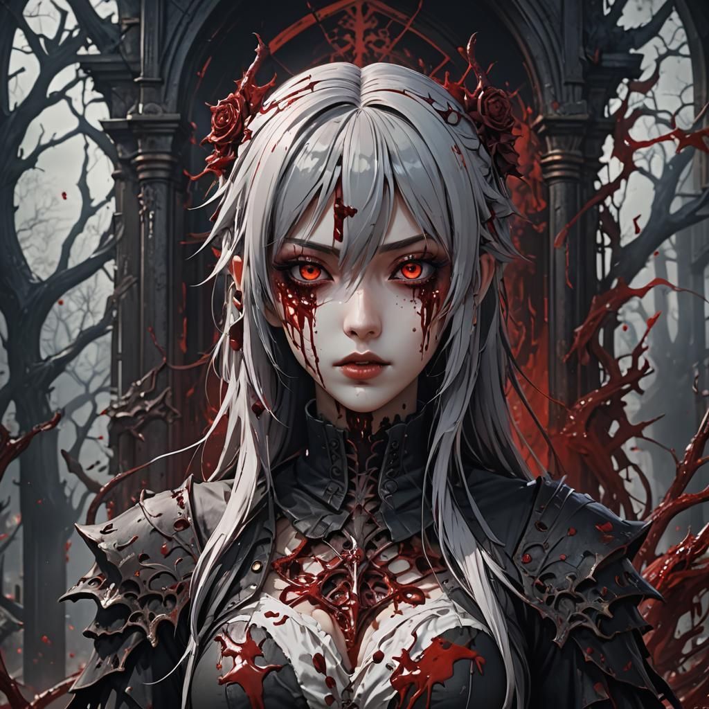 Gothic Anime Girl in Blood: Detailed Fantasy Art