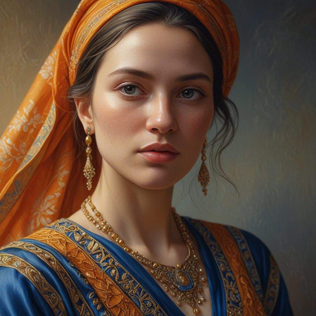 Woman in Oil Painting with Golden Light