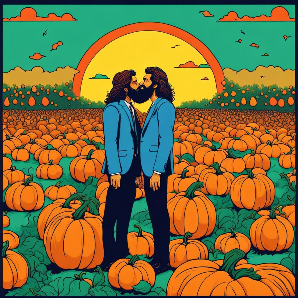 Men Kissing in Pumpkin Patch: Pop Art Style