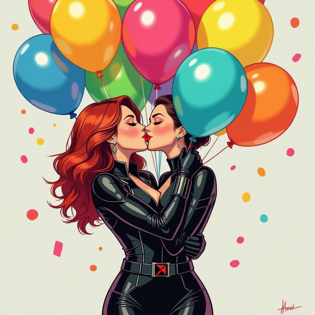 Black Widow Kisses Birthday Balloons: Stylized Visuals