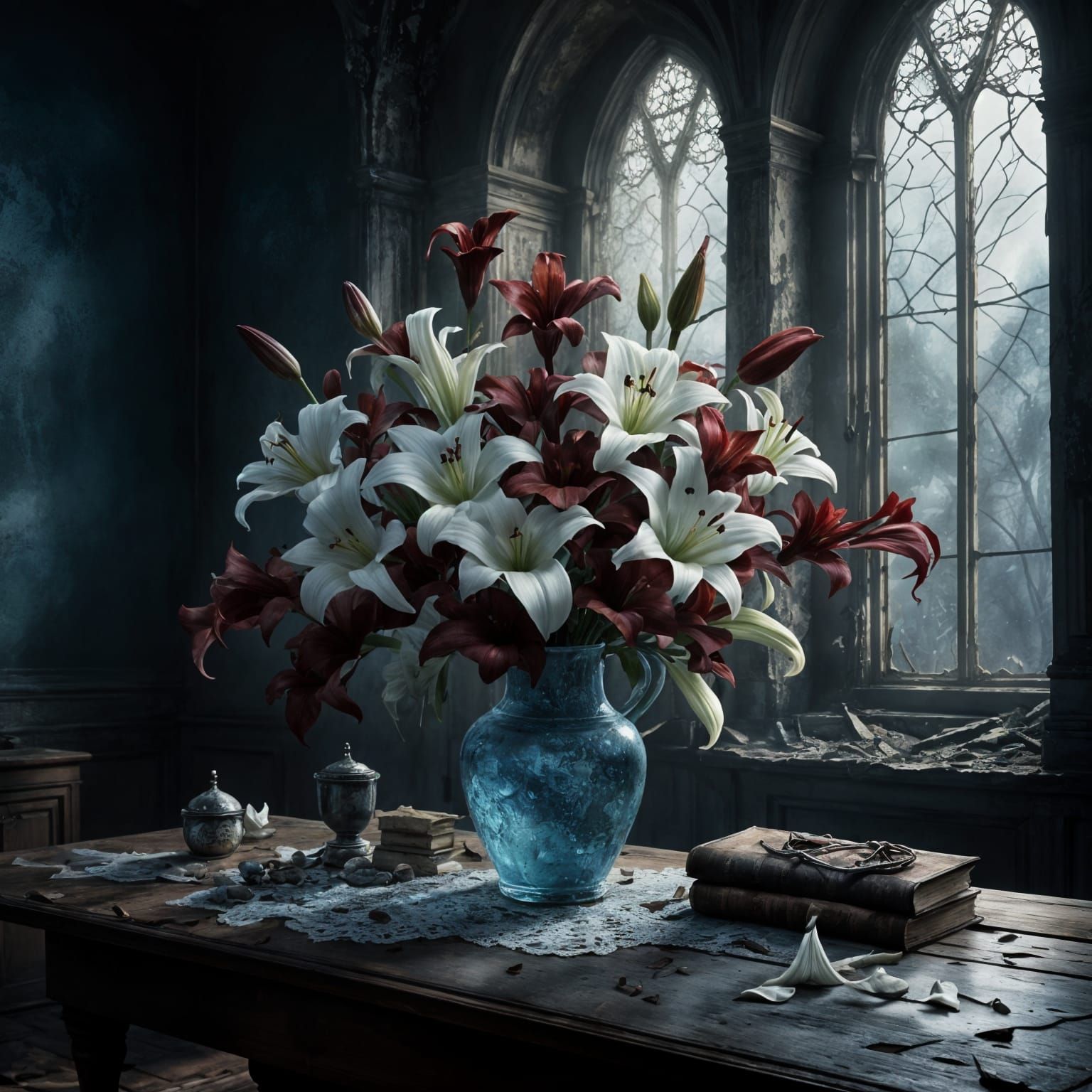 Gothic Still Life: Lilies in Moonlight