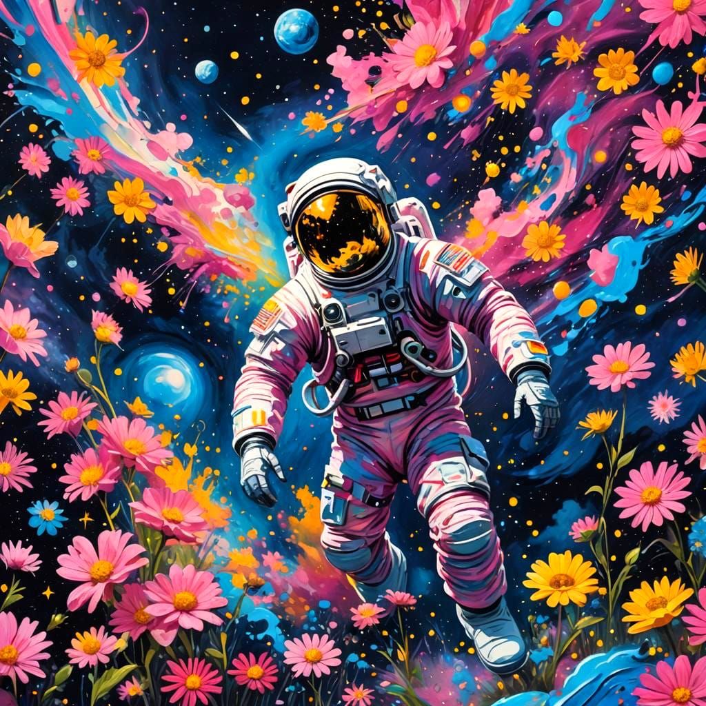 Interstellar Astronaut in Wonderland Style Splatter Art
