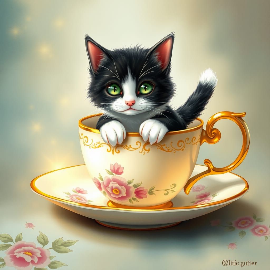 Tuxedo Cat in Teacup: Whimsical Floral Illustration