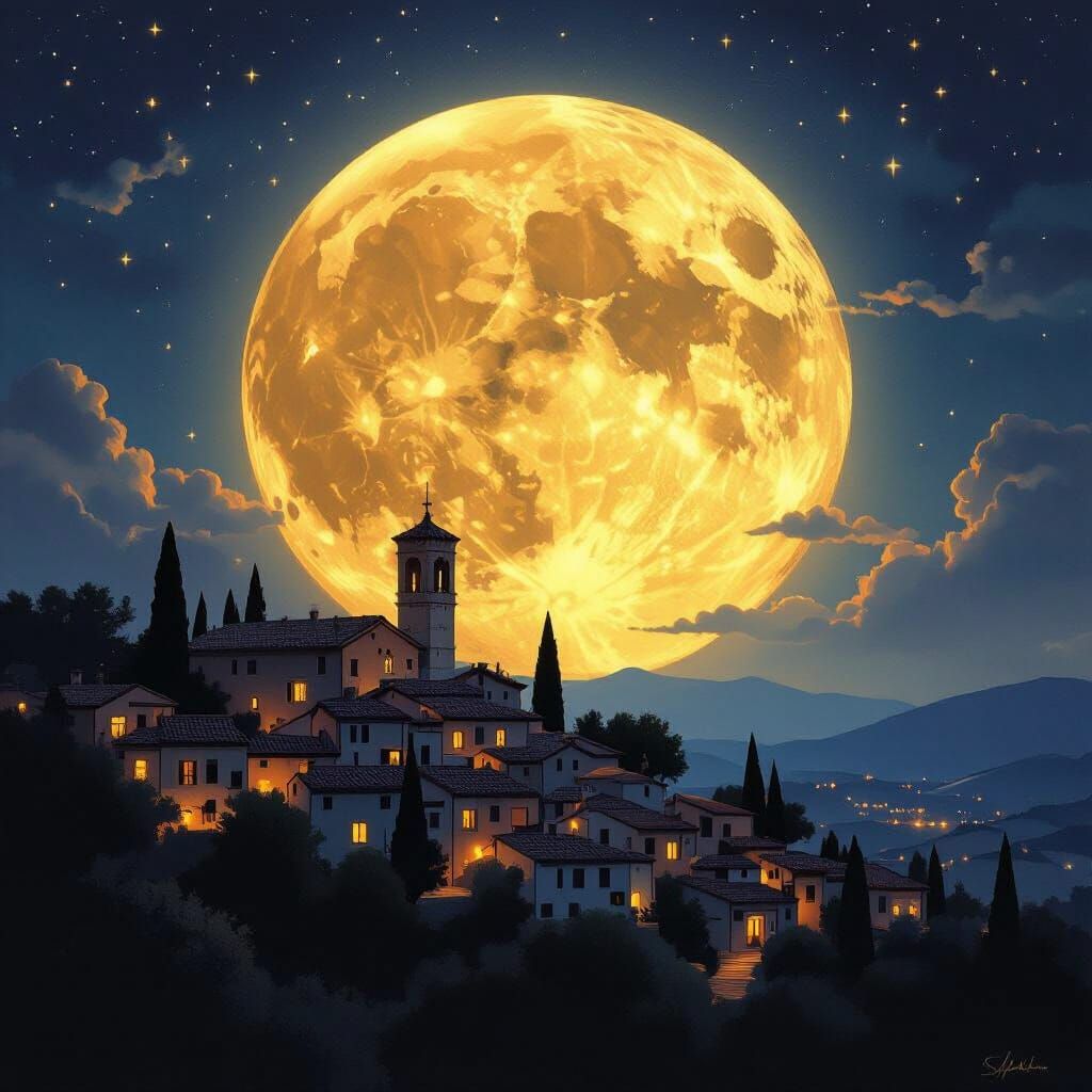 Italian Village Silhouetted Under Multilayered Moon