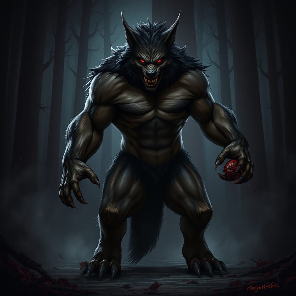 Menacing Werewolf in Dark, Misty Forest