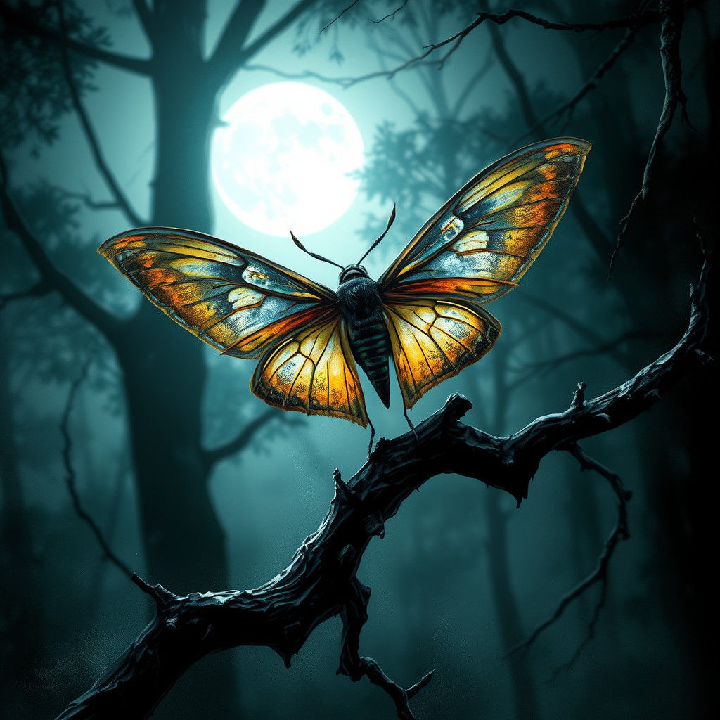 Ethereal Moth in Moonlit Forest: Mystical Illustration