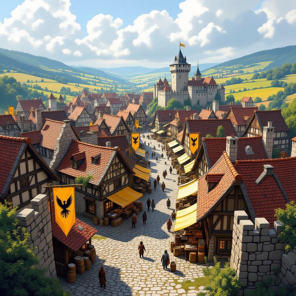 Medieval Cityscape with Stone Walls and Artisan District