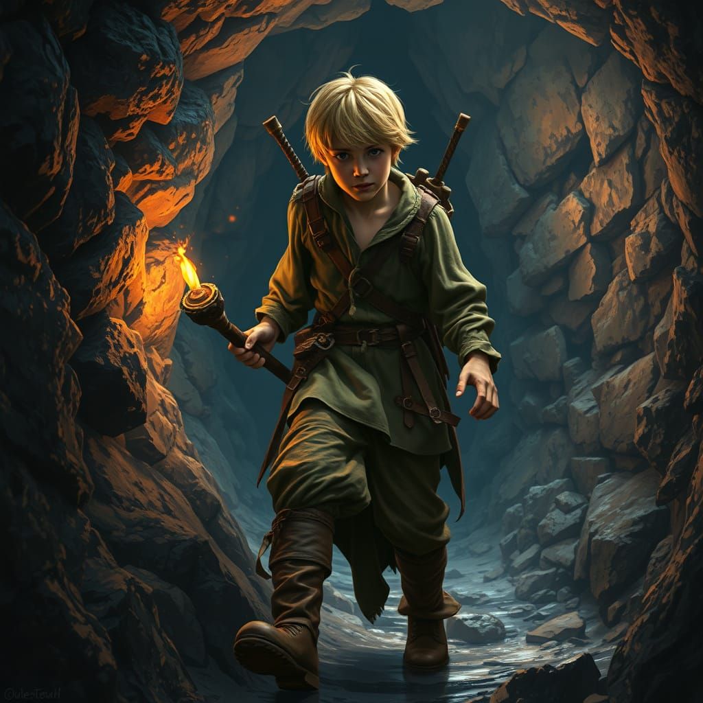 Medieval Adventurer Navigates Treacherous Mountain Tunnel