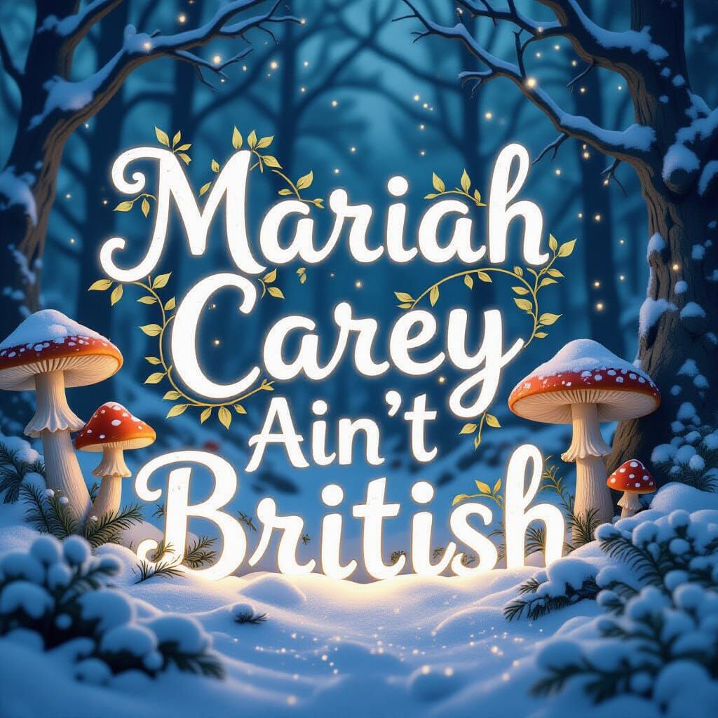 Enchanted Forest Scene with Snowy Cursive Text and Biolumine...