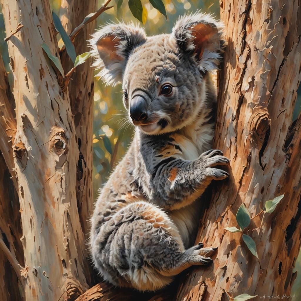 Baby Koala in Impressionist Wildlife Painting