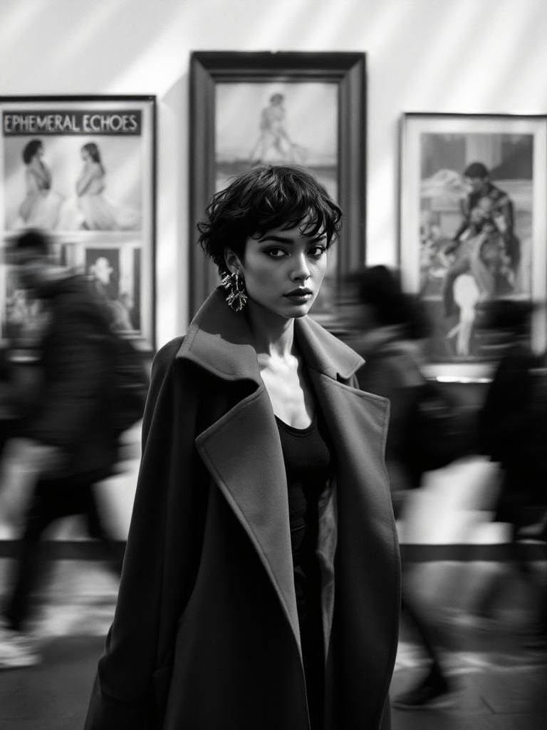 Monochrome Portrait in Urban Gallery, High Contrast Lighting