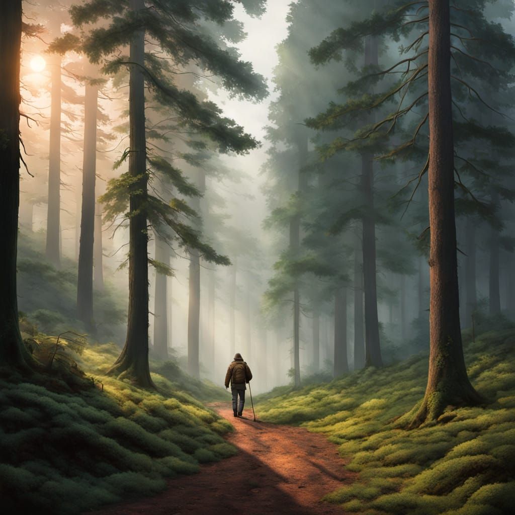 Serene Forest Hiker in Golden Light