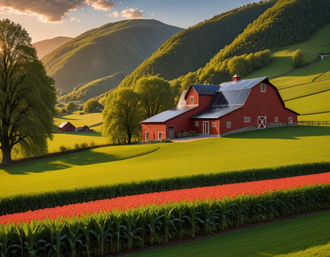 Luxury Red Barn Basks in Warm Spring Sunset