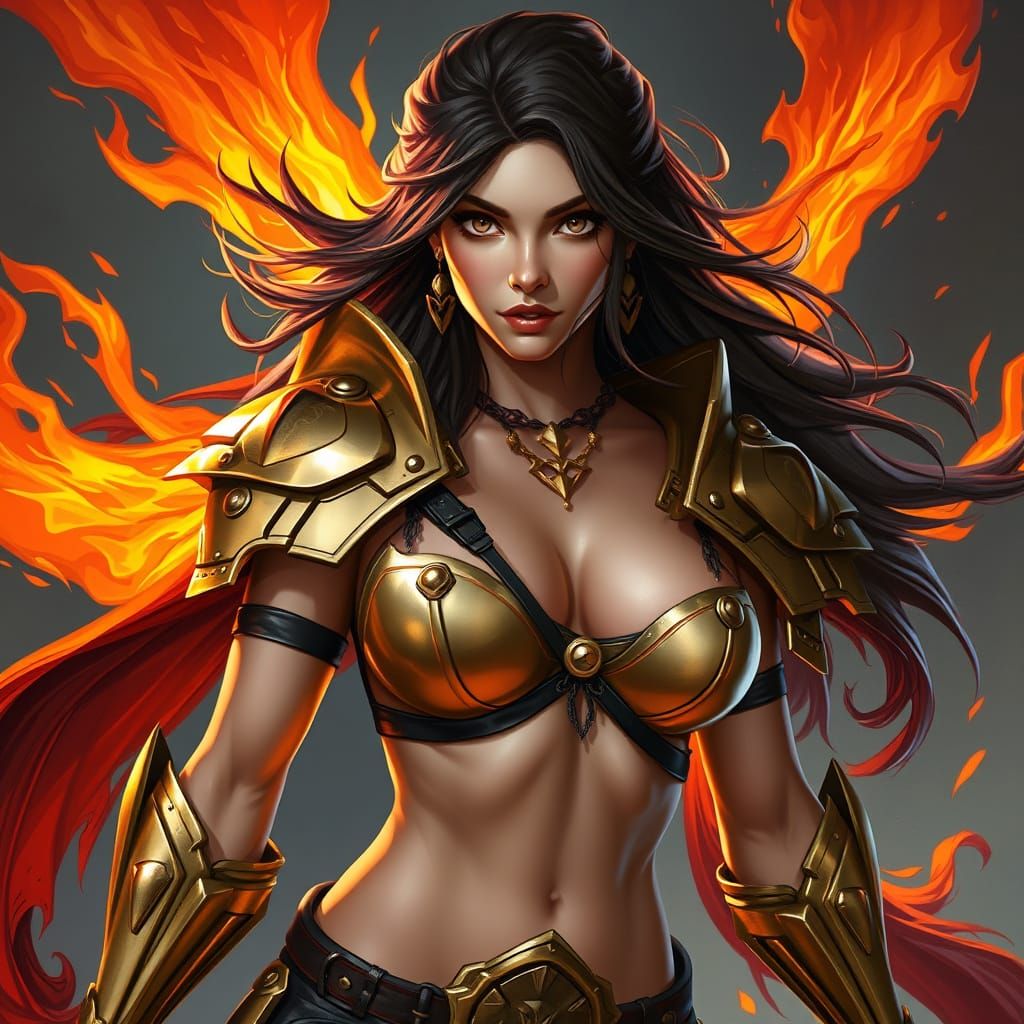 Heroic Bare-Chested Woman in Fiery Armor