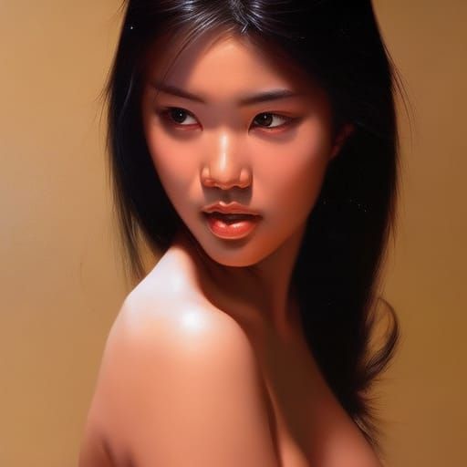 Asian Girl Showering: Oil Painting by Gurney Style