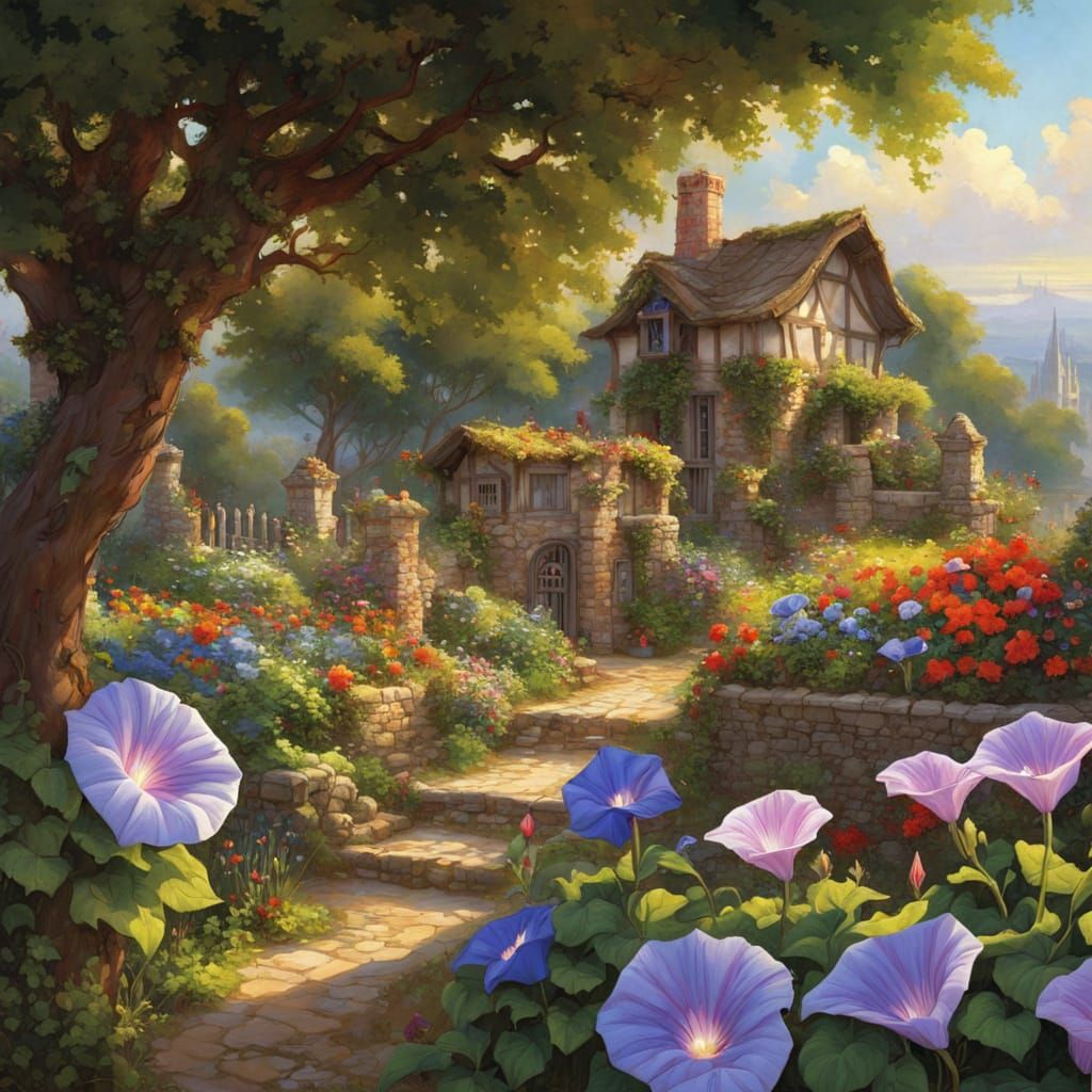 Cheerful Boy in a Fantasy Morning Glory Garden