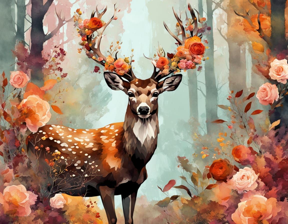 Watercolor Masterpiece of a Deer in Autumn Forest