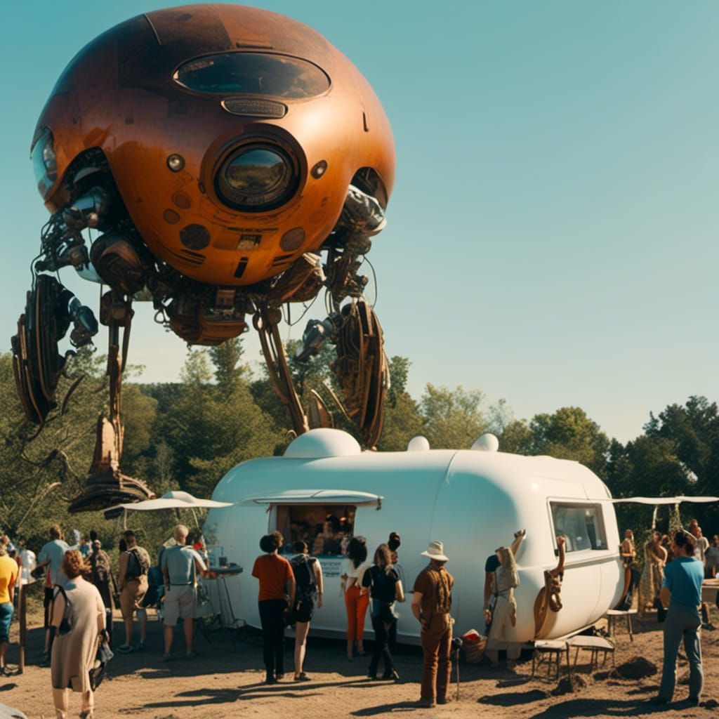 Futuristic Food Truck on Mars with Robots