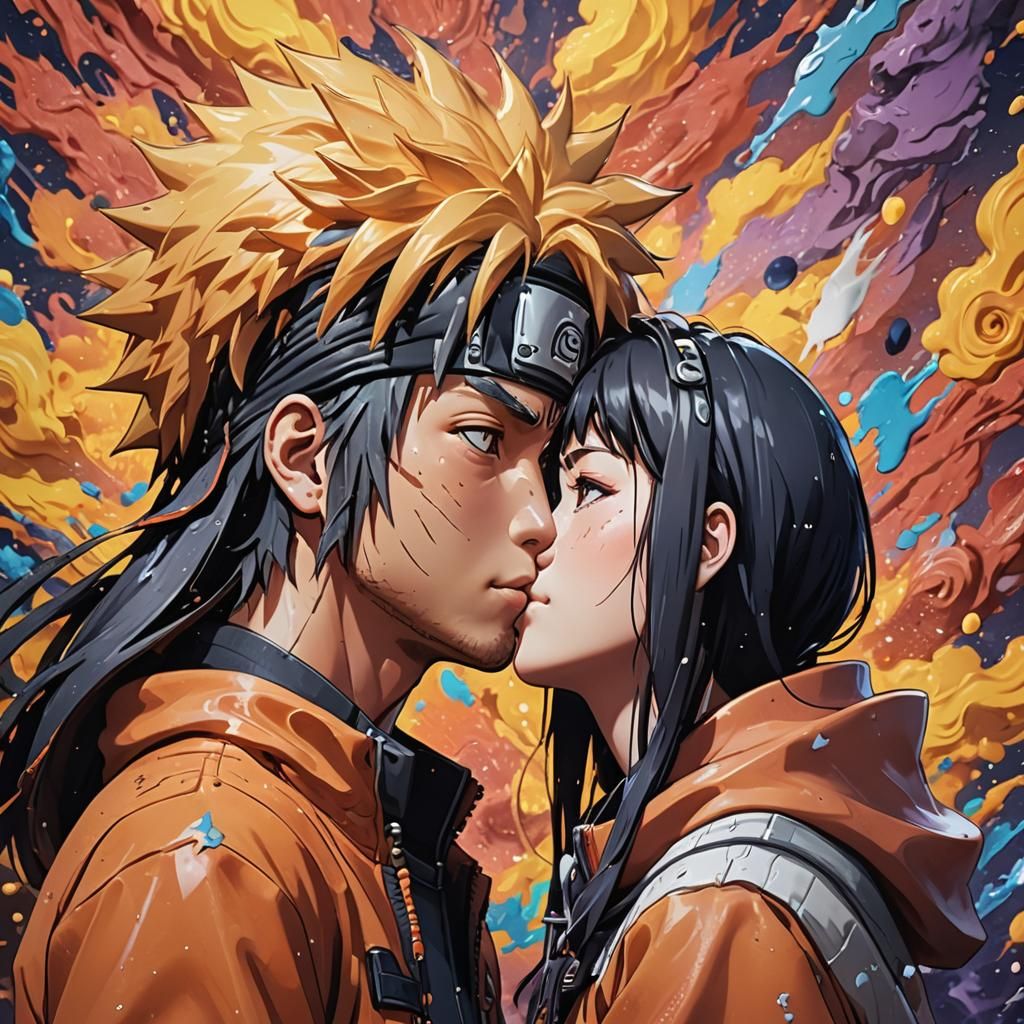 Naruto and Hinata Kiss: Hyperrealistic Splash Art