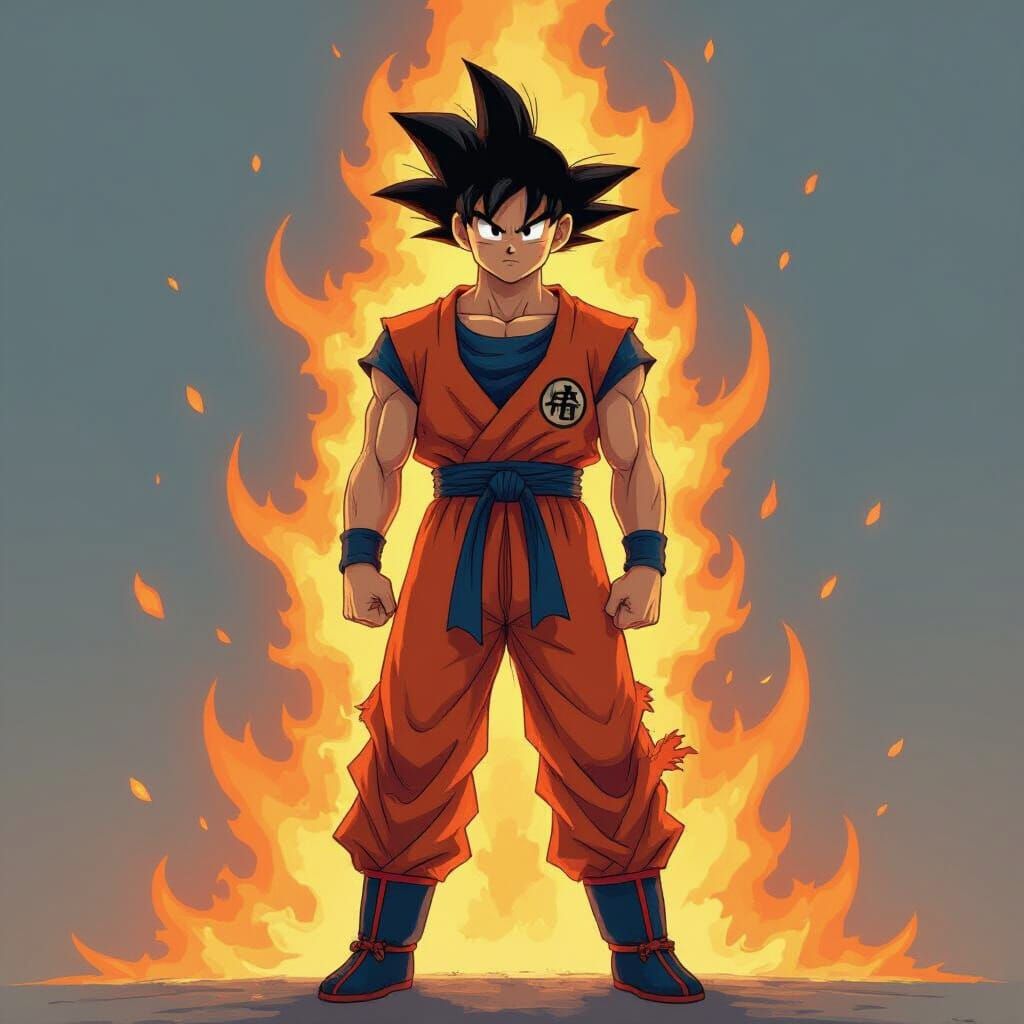 Goku in Fiery Aura, Dynamic Lines and Vibrant Colors