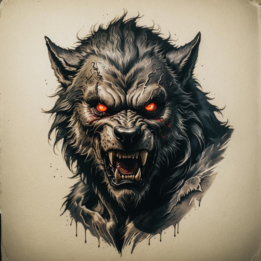 Werewolf Tattoo with Glowing Eyes: Cinematic Horror