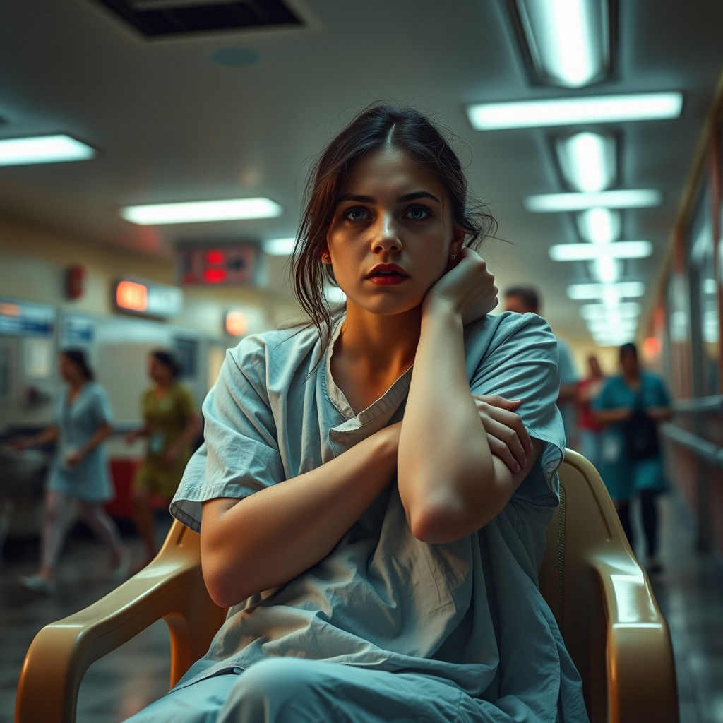Anxious Woman in Crowded Emergency Room: Digital Matte Paint...