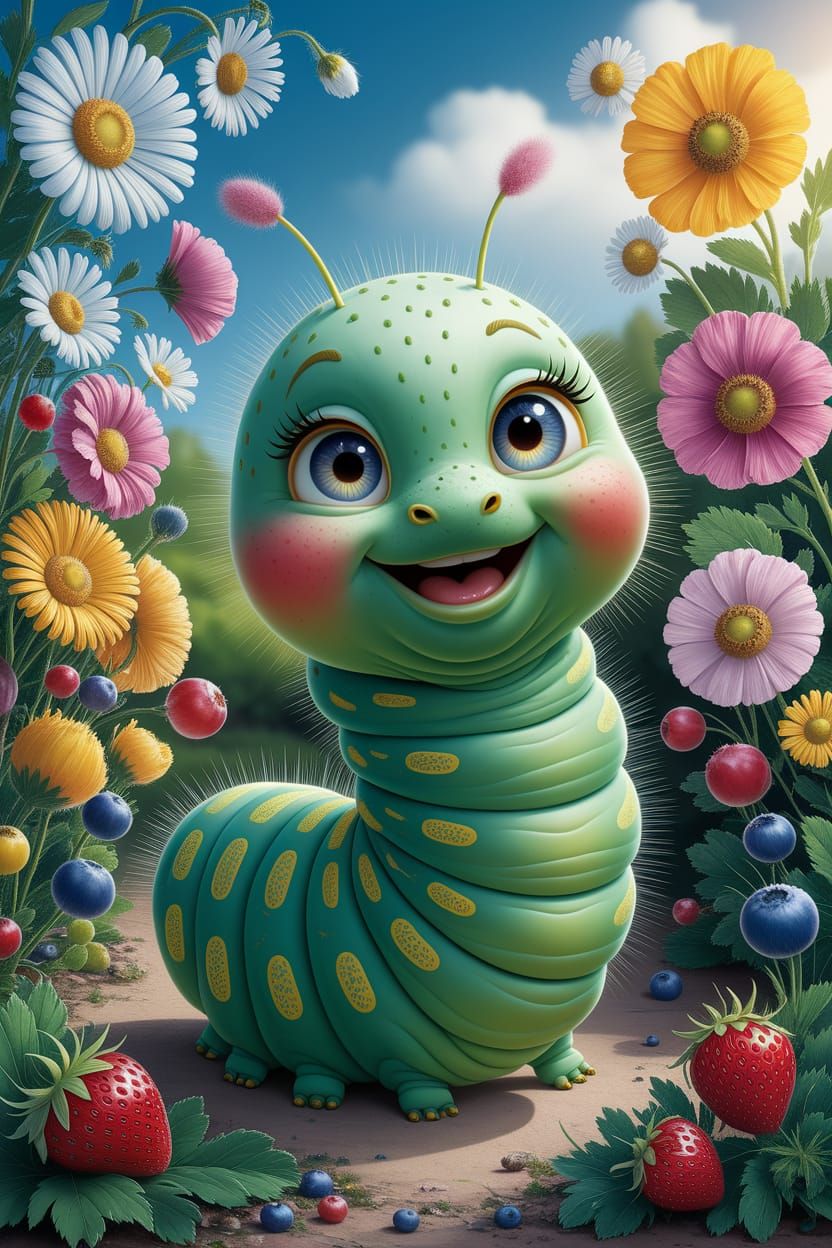 Playful Caterpillar in Sun-Drenched Digital Garden