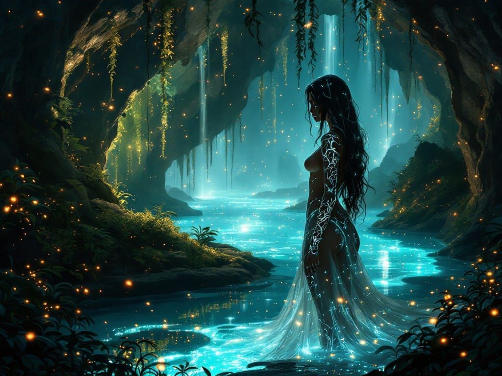 Enchanted Goddess in a Whimsical Grotto Scene