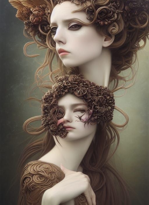 Surreal Kawaii Goddess with Fractal Hair, Symbolist Style