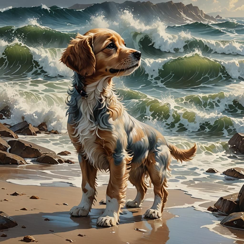 Puppy's First Ocean: Majestic Waves in Oil Painting