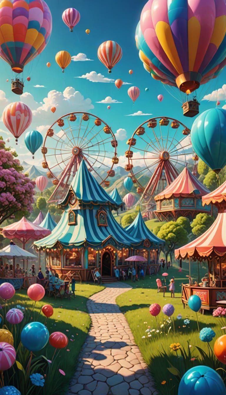Whimsical Funfair in a Colorful Countryside