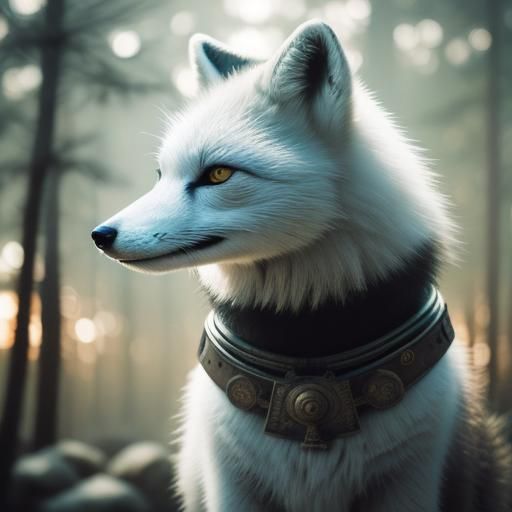Samurai Arctic Fox at Buddhist Temple: Hyper-realistic Photo