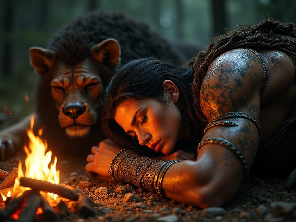 Muscular Barbarian Warrior Rests By Firelight
