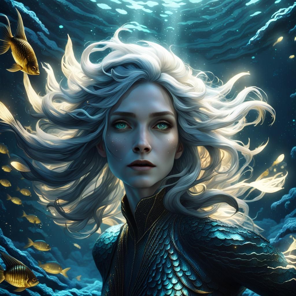 Silver-Haired Siren Swimming in Deep Dark Sea