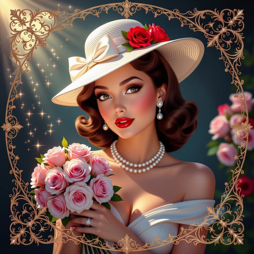 1950s Pin-Up Woman with Roses and Pearls