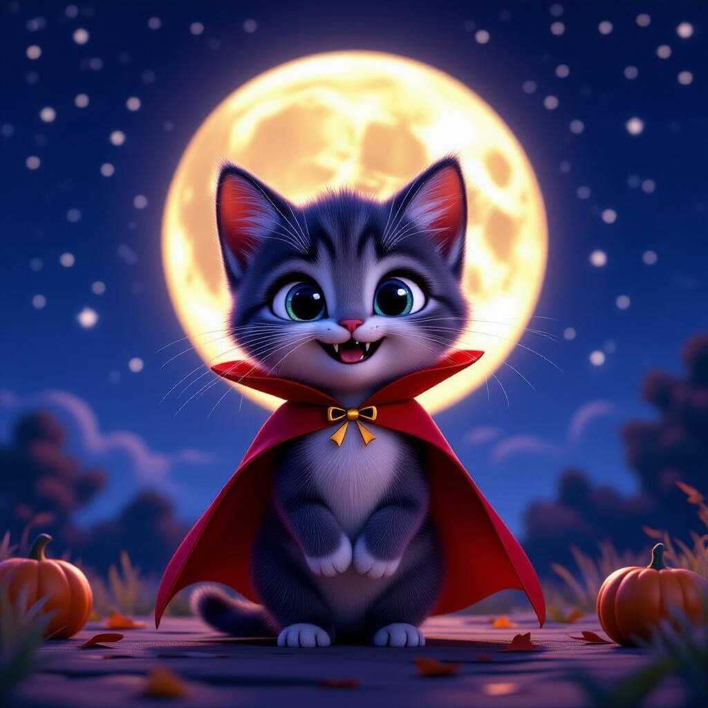 Cute Vampire Kitten Halloween in Pixar 3D Style