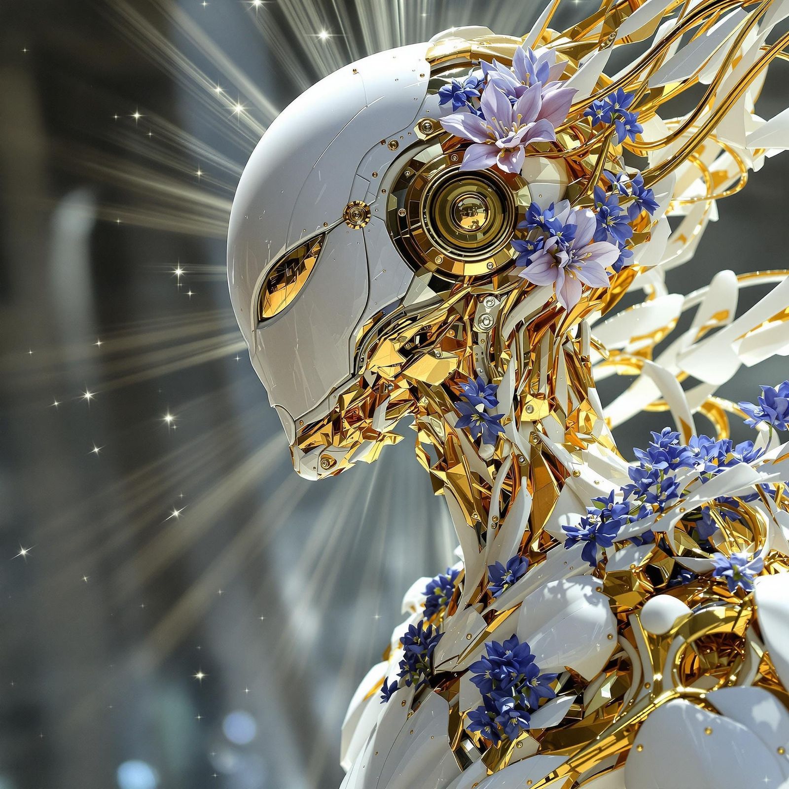 Futuristic Robot with Gold Accents and Floral Design