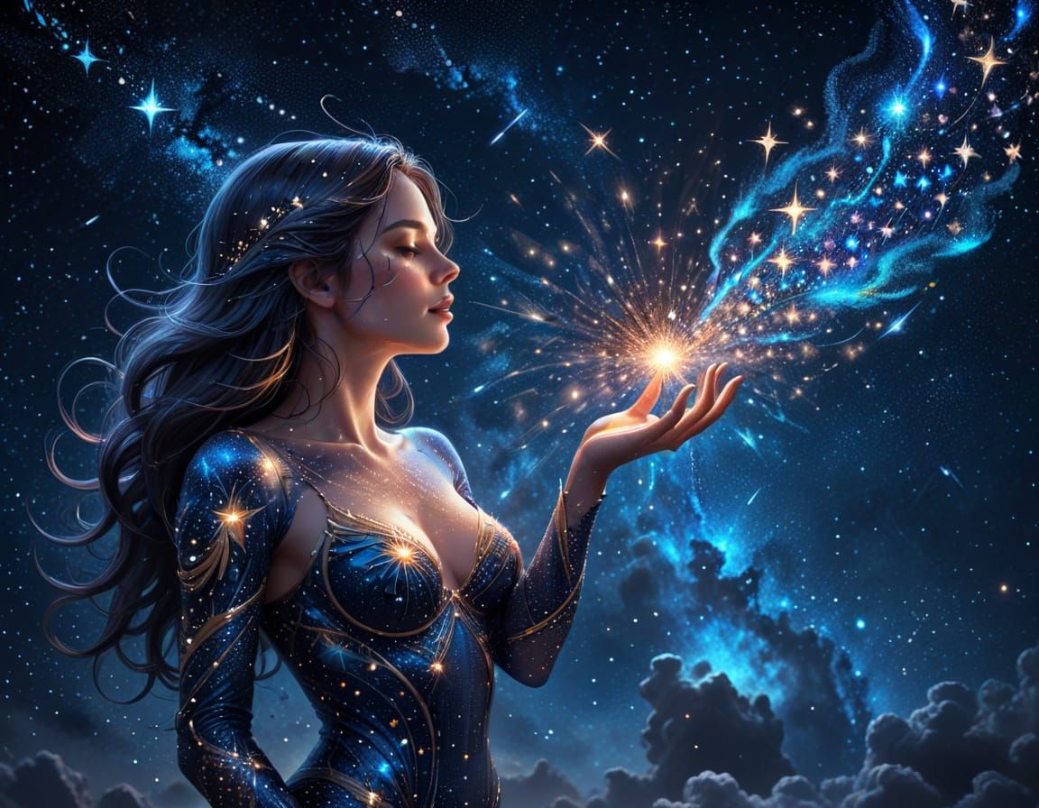 Celestial Woman Shaping Galaxies in Starry Sky