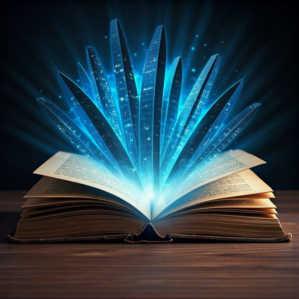 Surreal Futuristic Cityscape Emerges from Glowing Novel