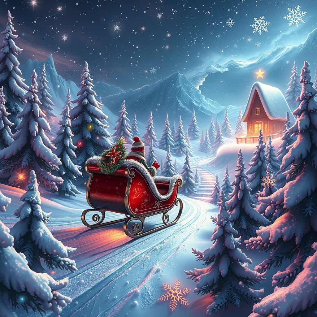 Surreal Winter Wonderland Sleigh Ride through Vibrant Fantas...